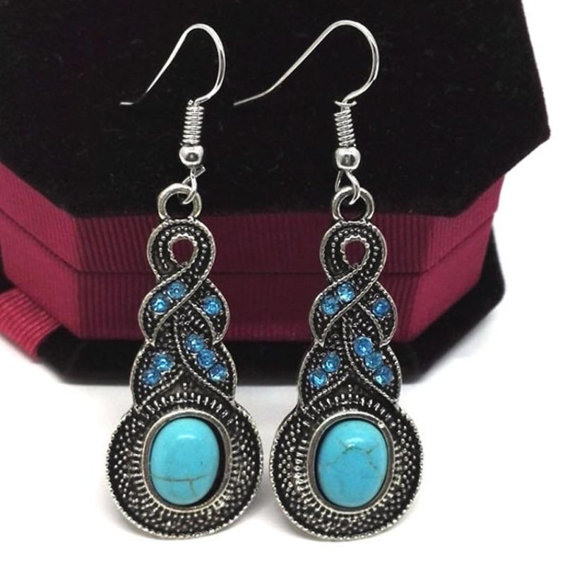 3pcs Necklace Earrings Set For Men And Women Vintage Style Blue Crystal Inlaid Turquoise Pendant With Lantern Chain Jewelry