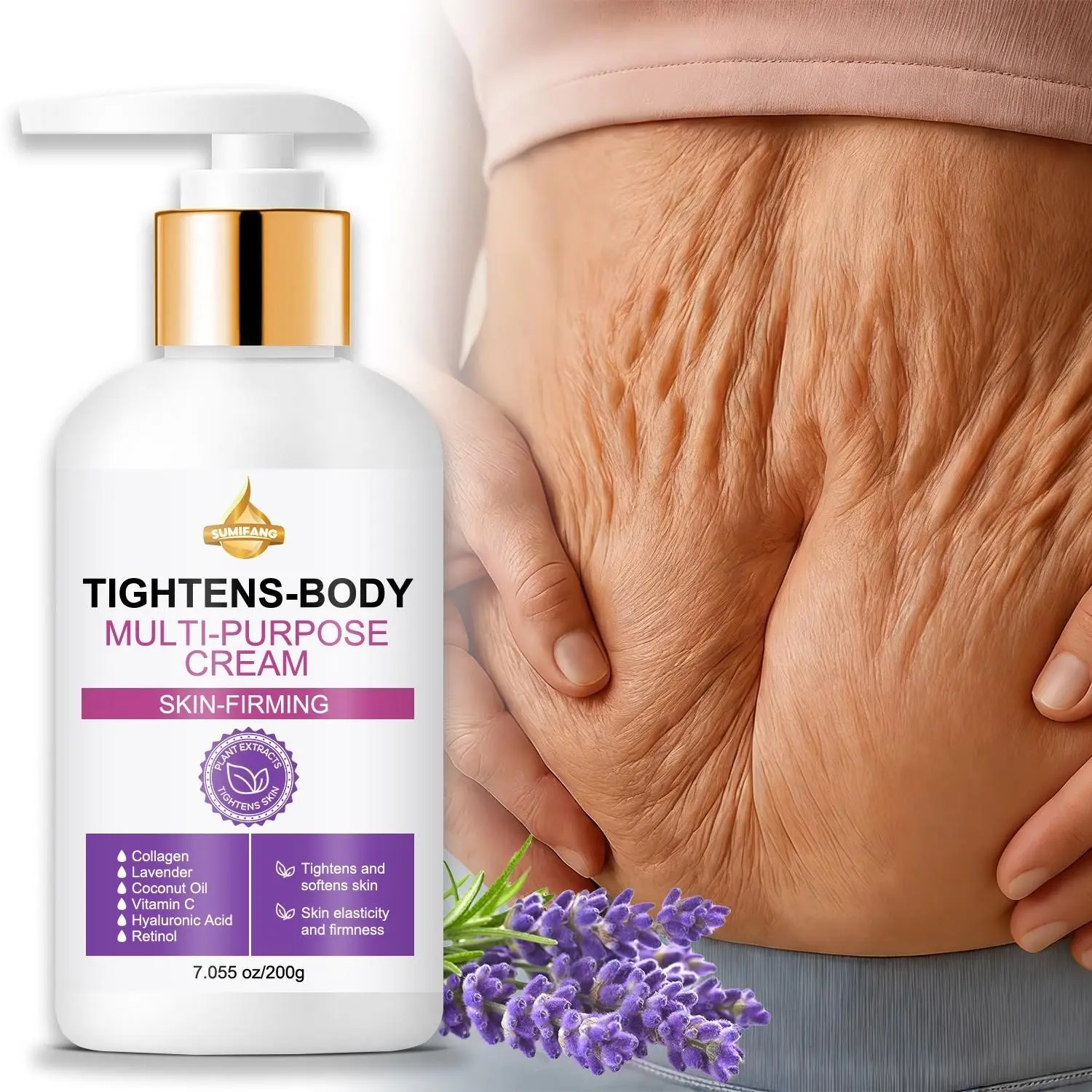 Natural Lavender Essence Body Balm & Firming Lotion—enriched with hyaluronic acid, retinol, Vitamin C, and multiple botanical nutrients to deeply soften and moisturize, providing long-lasting nourishment while improving dryness and roughness.