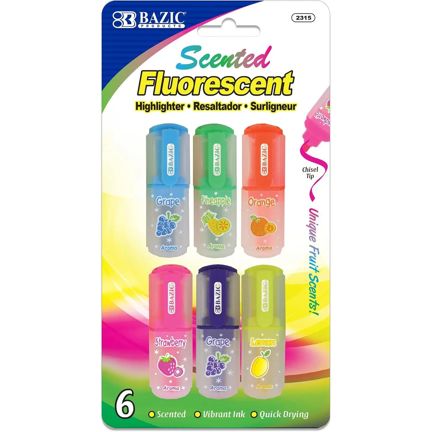 Fruit Scented Mini Highlighters, Chisel Tip, 6 Count | fruit-scented fluorescent mini highlighters; compact; Quick-dry;  ink; ASTM D-4236