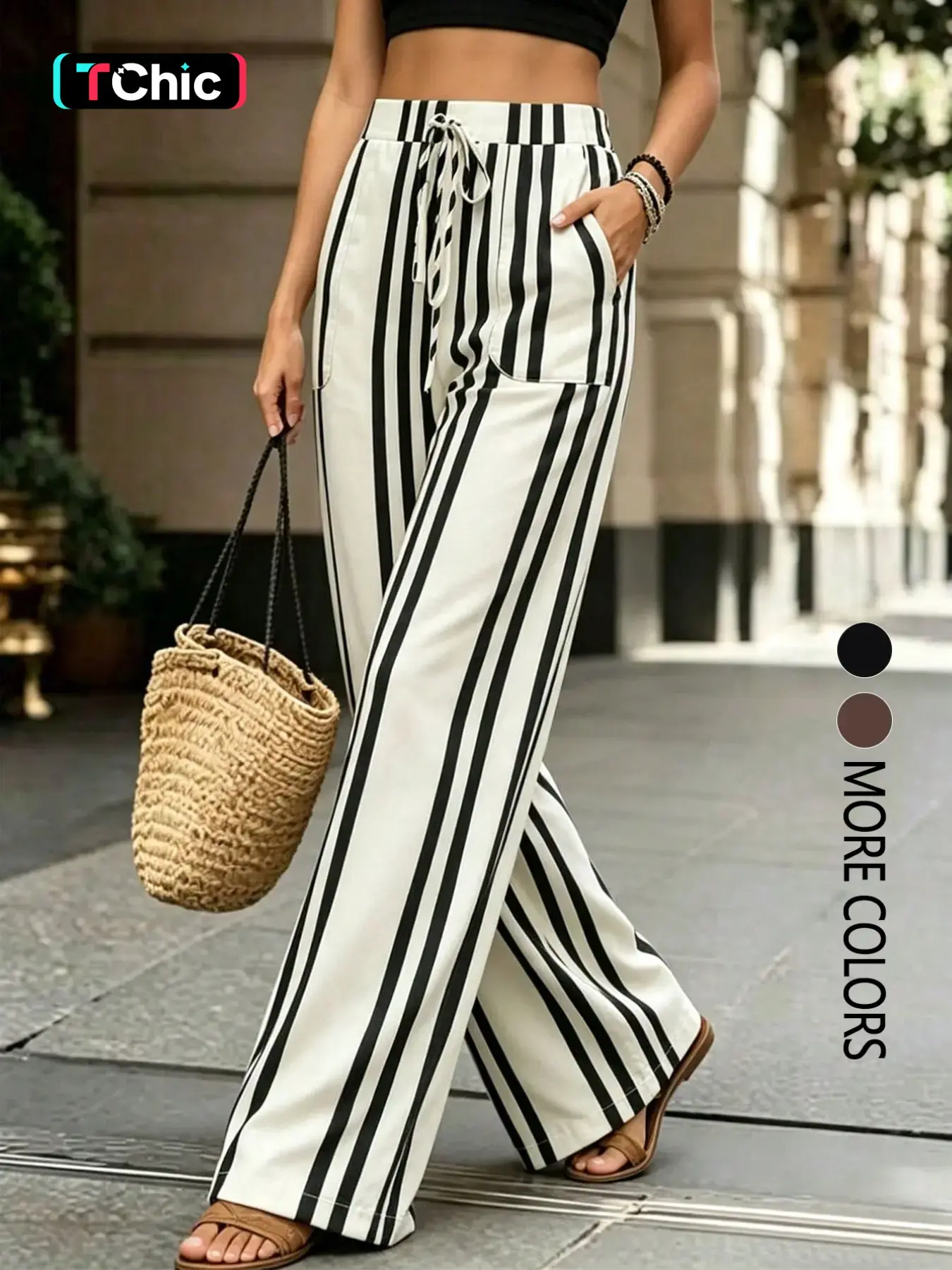 Women's striped loose-fitting trousers with double pockets, suitable for daily commuting and all seasons.