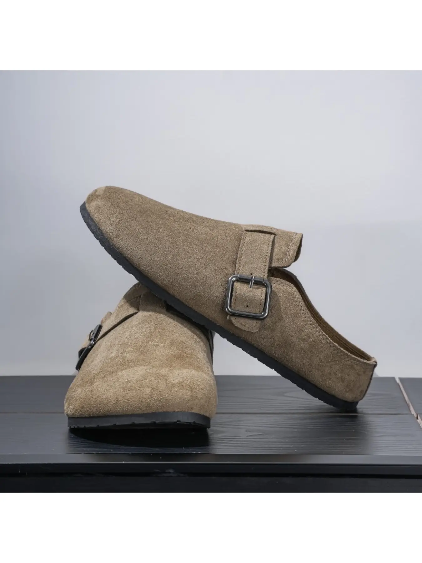 Khaki Faux Suede Adjustable Buckle Backless Loafers Lightweight Non Slip Outdoor Indoor Casual Clogs For Daily Driving