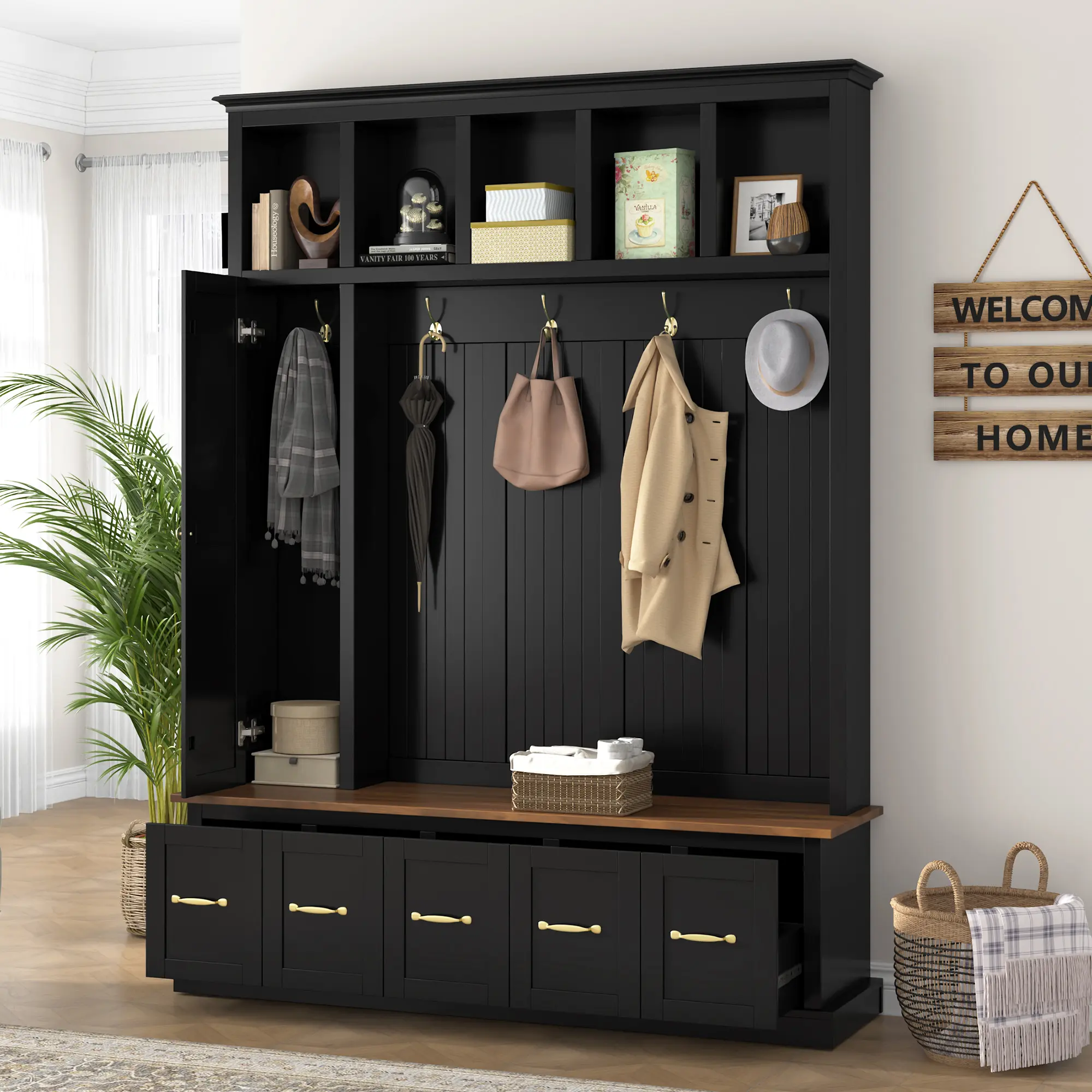 ARCH Entry Tree with Coat Hooks, Shoe Bench, Drawers for Storage Cabinet, Antique Black Particle Board-MDF Organizer, Gold Hardware & Cubbies, 1-in-1 Drop Zone for Foyer, Mudroom, Hallway
