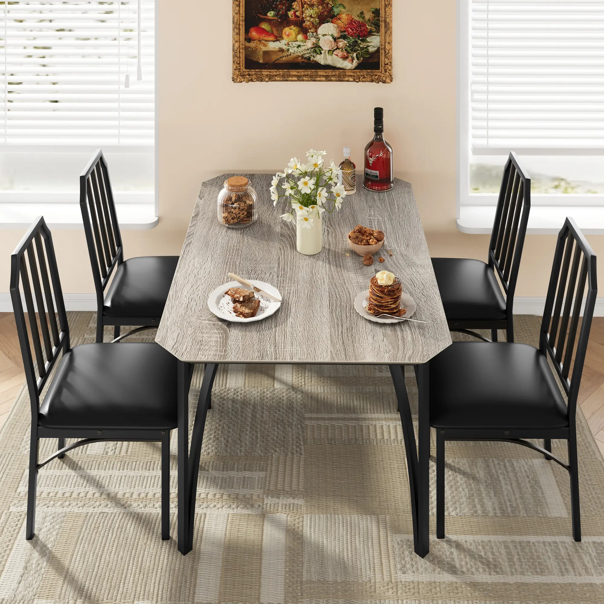 5 Piece Dining Table Set for 4, Kitchen Table with 4 Upholstered Cushion Chairs, Modern Kitchen Table Set with Sturdy Metal Frame & MDF Board, Easy Assembly Space Saving Dining Room Furniture for Apartment Small Space Living Room Dining Use