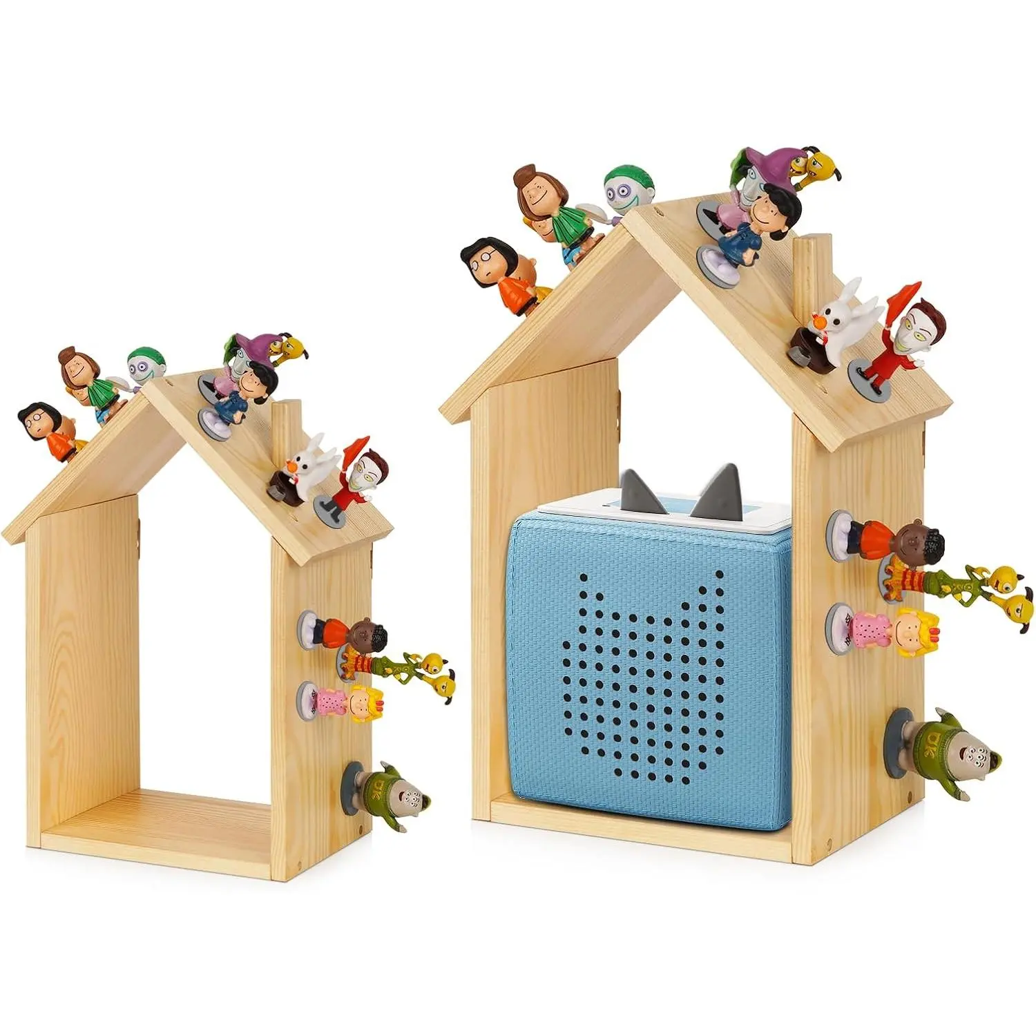 for Tonies Shelf Magnetic - for Tonies Figure Organizer Kids Room, Wooden Display Shelf for Tonies Box Holder, Wall Floating Shelves Toy Storage, House Shape Set of 2 with 38Pcs Adhesive Metal Plate
