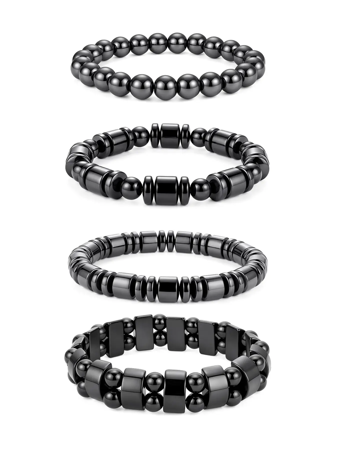 4pcs Hematite Beaded Bracelet Set for Men, Magnetic Stone Stretch Elastic Bracelets, Unisex Healing Crystal Stackable Wrist Bracelet Gift Set
