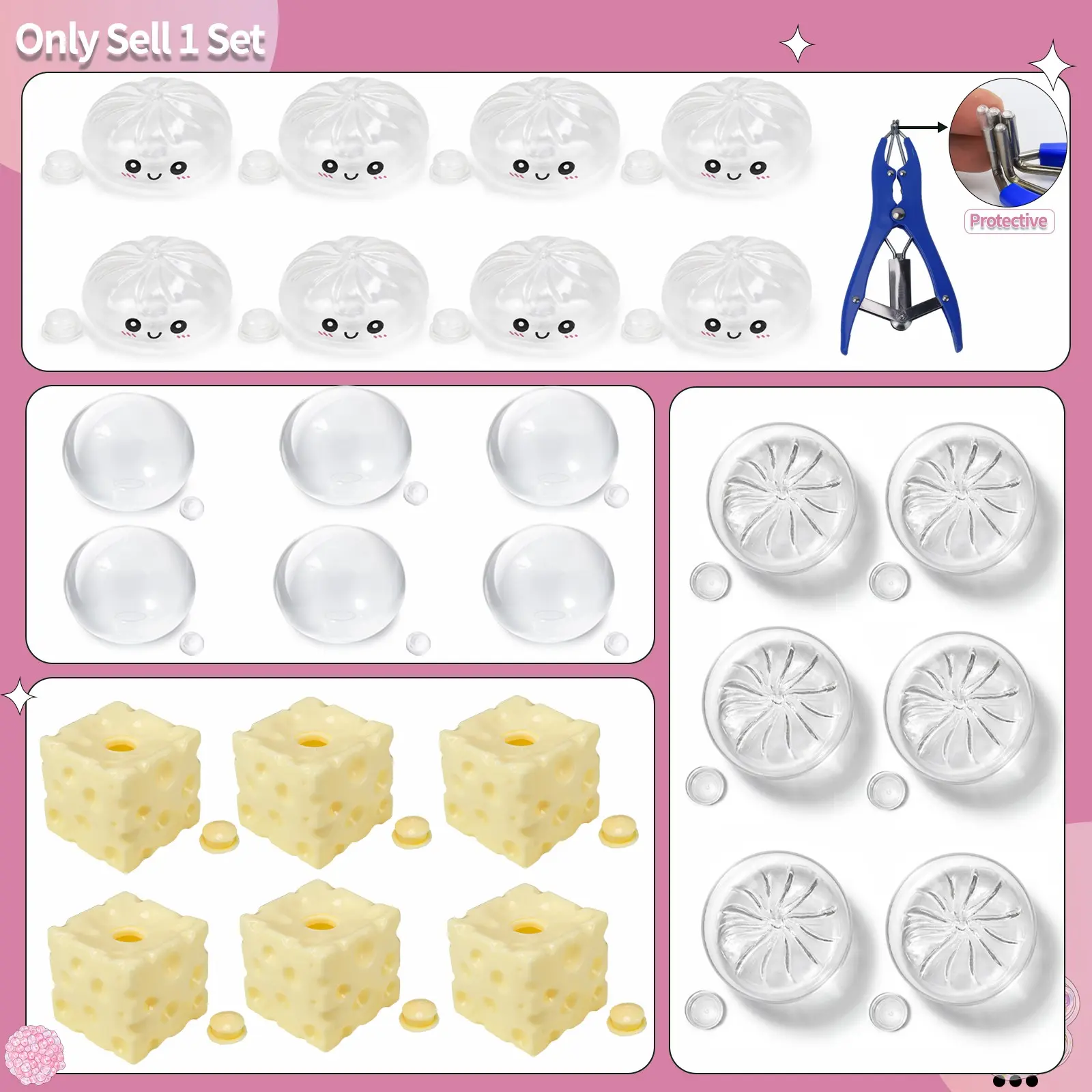 6/8pcs DIY Handmade Stress Relief Ball Kit, Four Different Leather Skins(cheese skins, dumpling Skins, Smile dumpling, Circle ball skins), Includes Clamps and Plugs, No Beads Included, Squishy Maker
