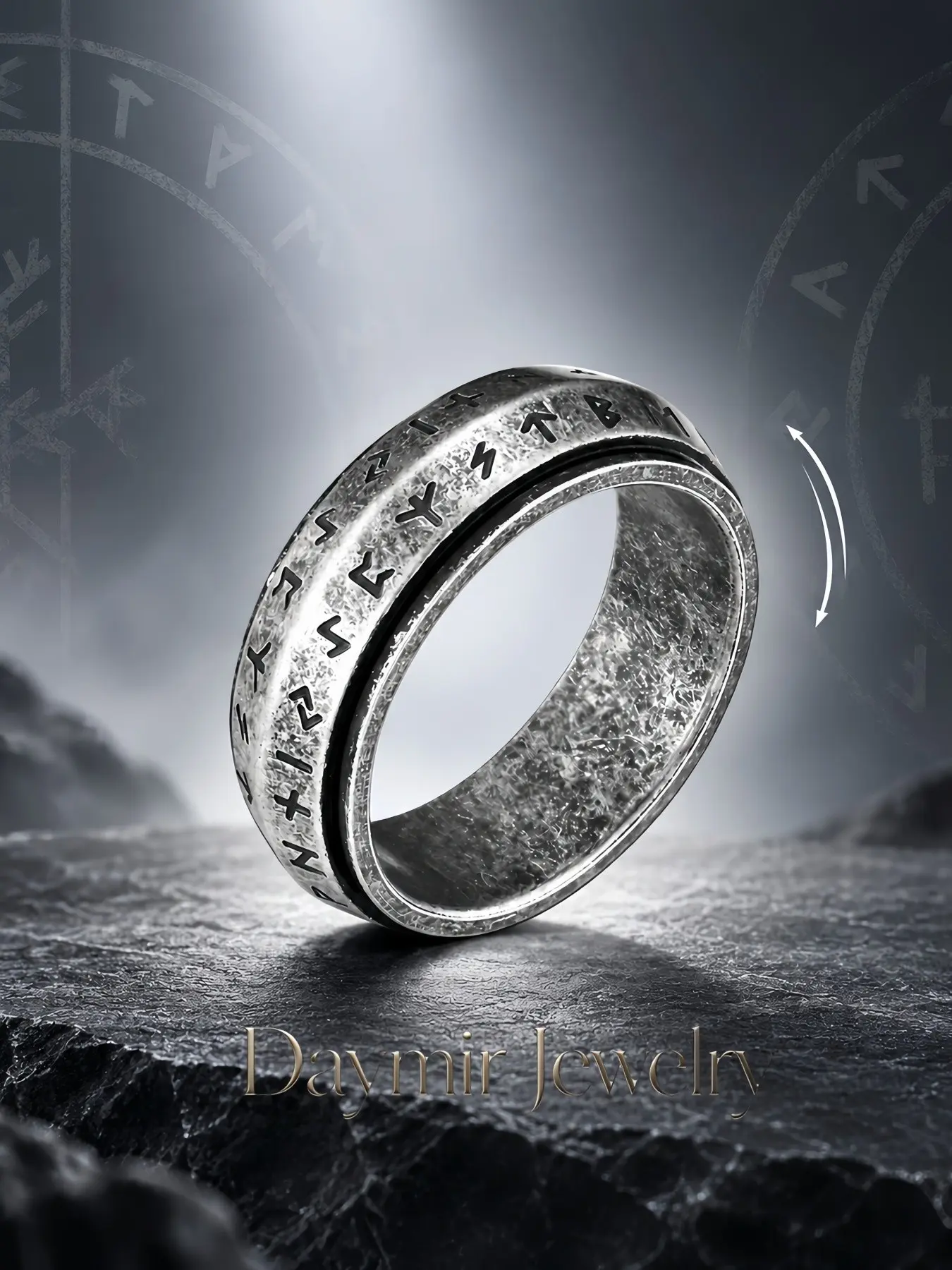 Unisex Antique‑Silver Titanium‑Steel Spinner Ring Engraved With Viking Runes, Vintage Anxiety‑Relief Stainless Steel Fidget Ring. Multiple Colors Available, Sizes 7‑13.