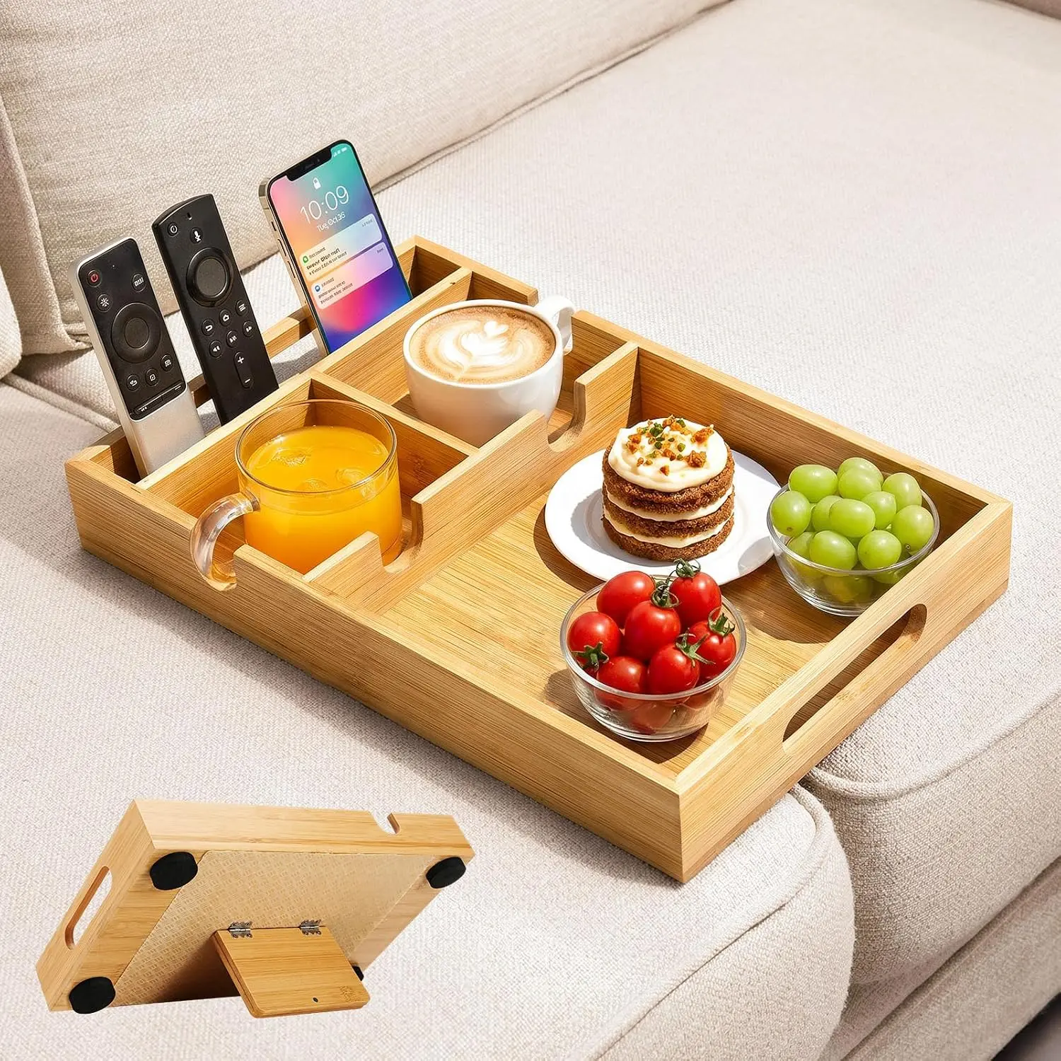 Couch Tray Insert for Middle Seat, Couch Table with 2 Cup Holders | Fits Armless Sofa & Sectionals, Sofa Armrest Organizer for Snacks, Drinks, Remotes, Phones,