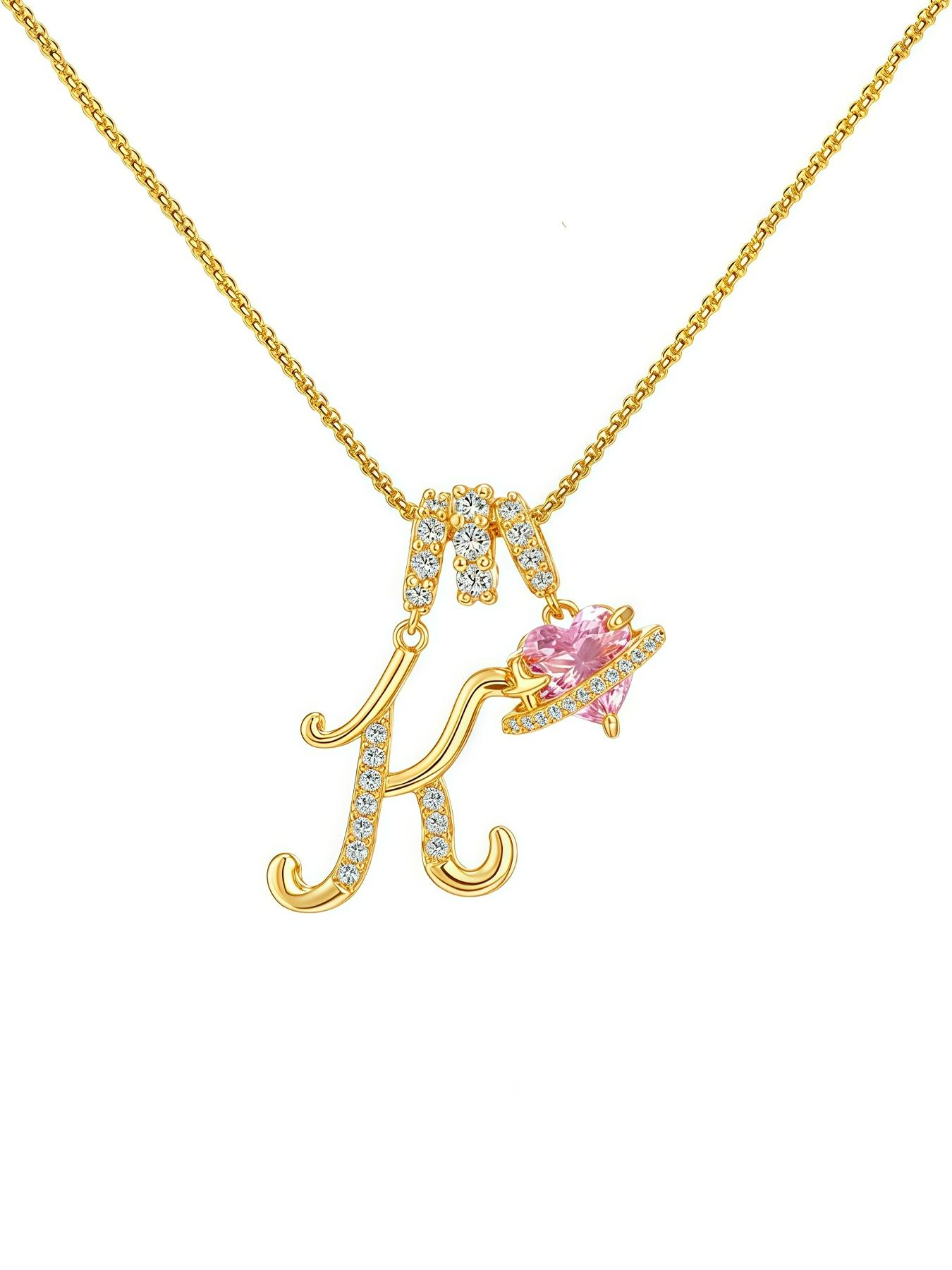 Initial Letter Heart CZ Necklace With Bear Rose Jewelry Gift Box, 18K Gold Plated CZ Birthstone Alphabet Necklace Gift, Christmas Anniversary Jewelry Gift for Wife Girlfriend, Birthday Gift for Daughter, Heart Shaped Necklace