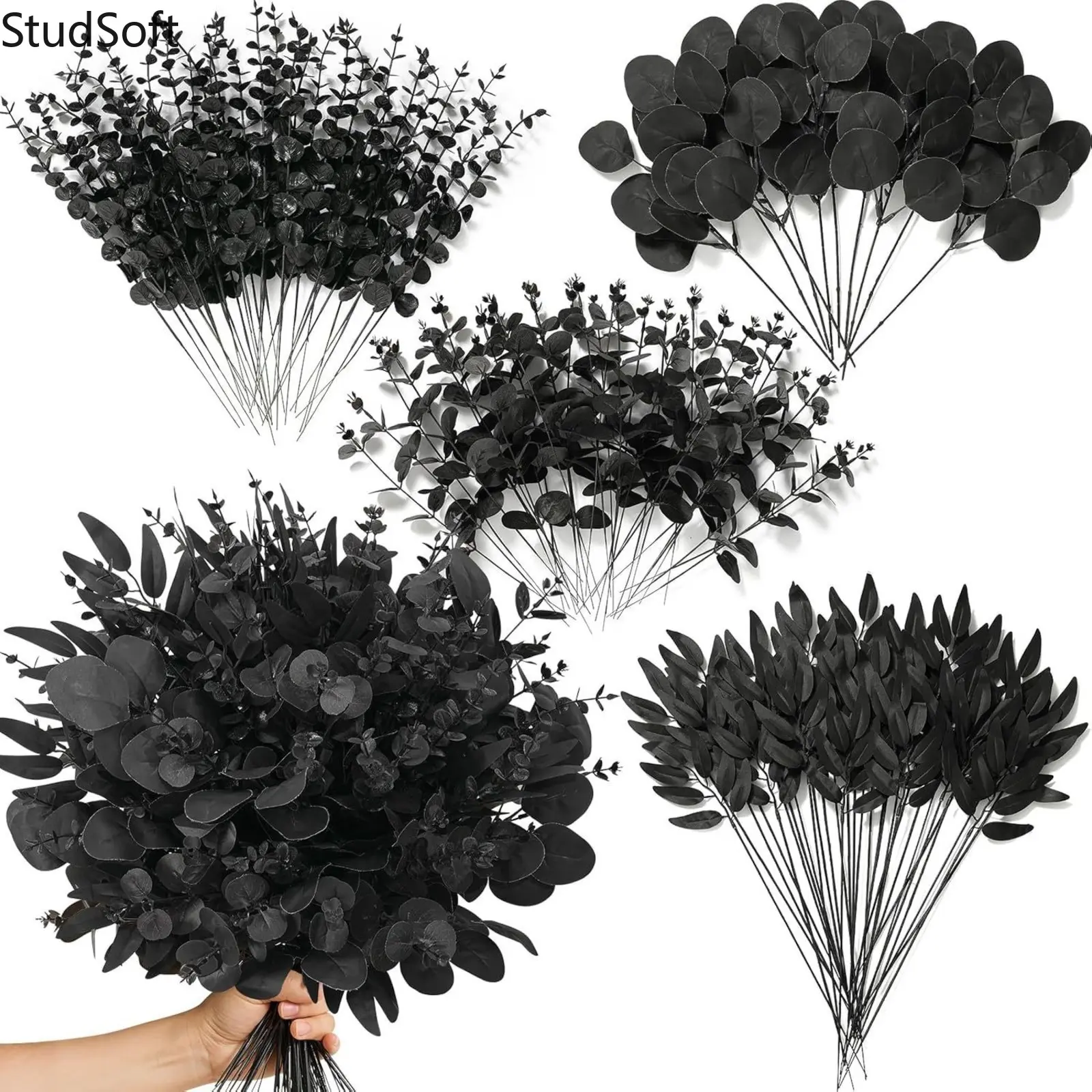 100Pcs Black Artificial Eucalyptus Stems Combo, Faux Silk Willow Greenery Leaves Branches, Gothic DIY Halloween Wedding Flower Arrangement Home Table Decor