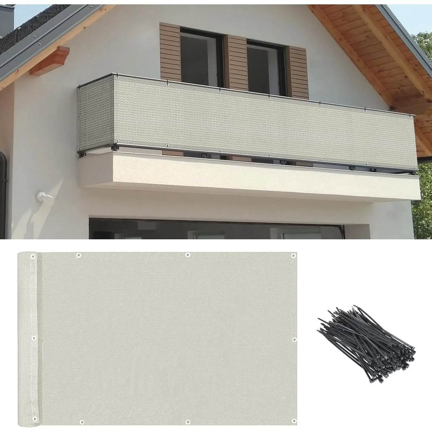 3'x10' Beige Outdoor Balcony Privacy Screen with Ties - Heavy-Duty HDPE UV-Resistant Windproof Fence Cover for Deck/Patio Railing