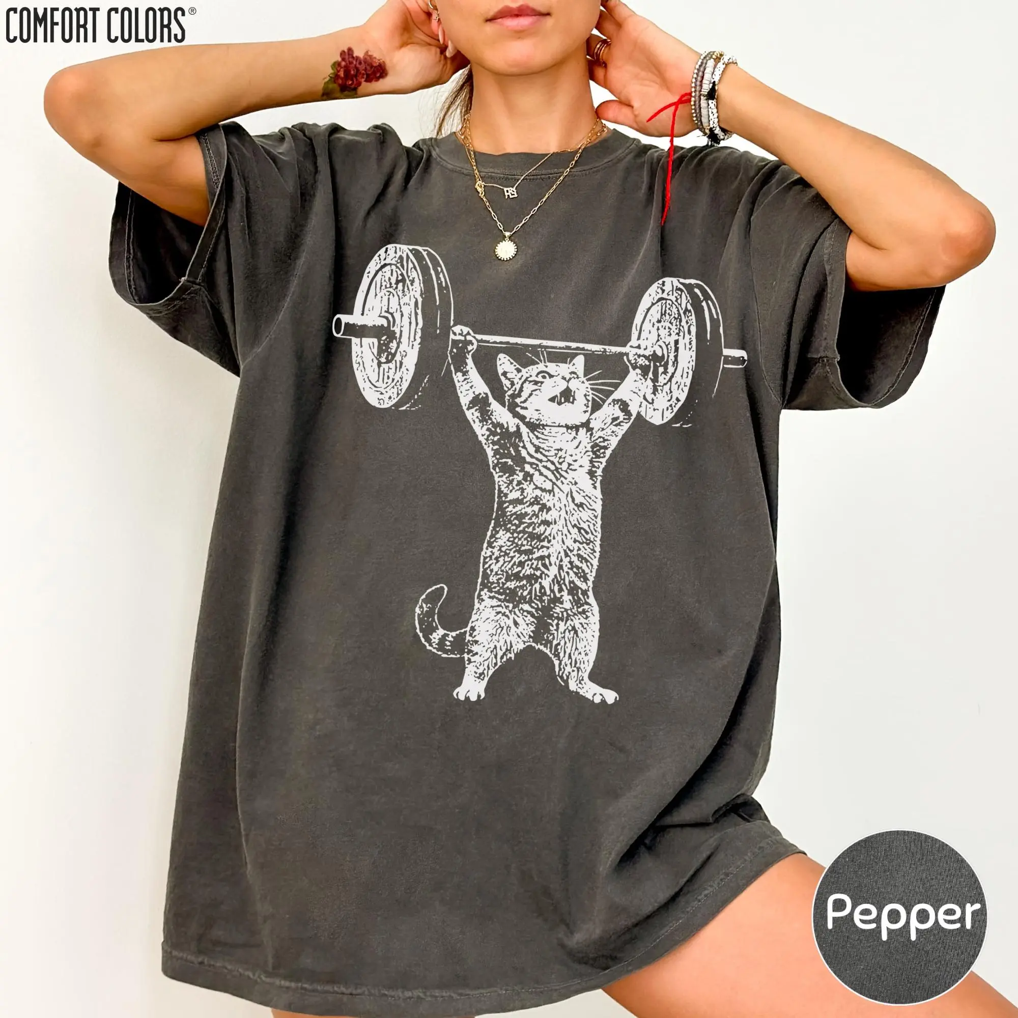 Cat Weightlifting Graphic Tee Vintage Washed Cotton Tshirt Funny Gym Cat Barbell Lifting Fitness Aesthetic Oversized T Shirt Women Short Sleeve Crewneck Top Cute Workout Outfit Gift Men Unisex Loose Casual Top