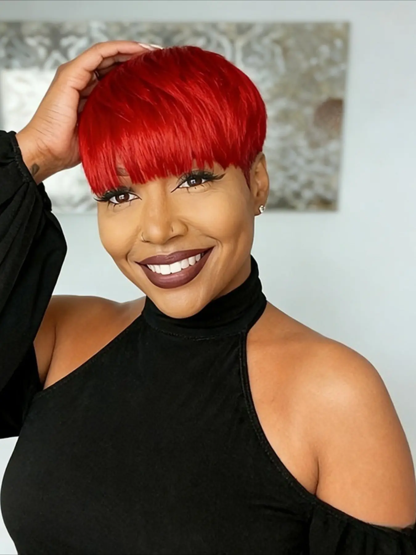 Red Color Pixie Cut Straight Human Hair Wig for Women Full Machine Made Wig 150% Density 6 Inch