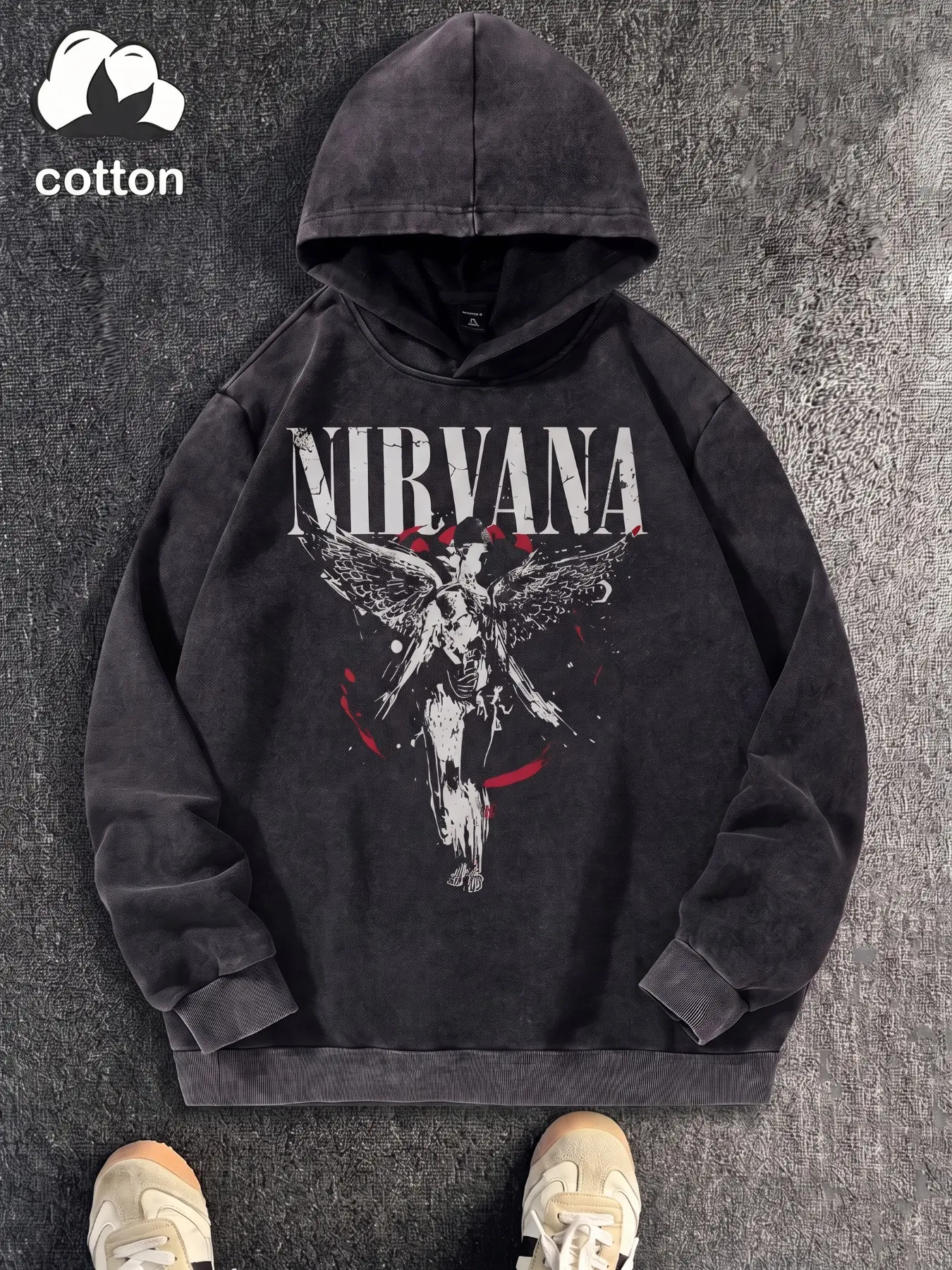 Men's NIRVANA Graphic Print Drawstring Hooded Sweatshirt, Long Sleeve Drop Shoulder Loose Fit Pullover Hoodie with Front Kangaroo Pocket, Vintage Washed Streetwear Top for Daily Going‑Out Hangout Vacation Shopping Leisure Home Wear, Trendy Versatile Relax