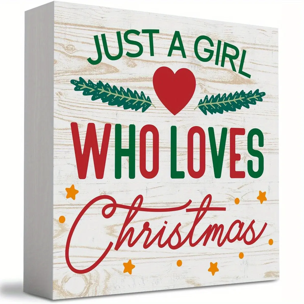 Christmas Just A Girl Who Loves Christmas 3.96 Inches Square Shape Foam PVC Desktop Ornament, Tabletop Shelf Farmhouse Home Balcony Bar Party Decoration, Xmas Ornament Gift for Boss Family and Friend, Holiday Memorial