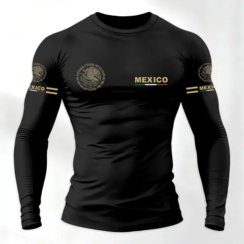 Men's Sporty Long Sleeve T-Shirt with Mexican Theme Letter Design, Casual Street Style Top for Spring & Fall, Casual Sport Tee, Fitted Regular Fit Fashion