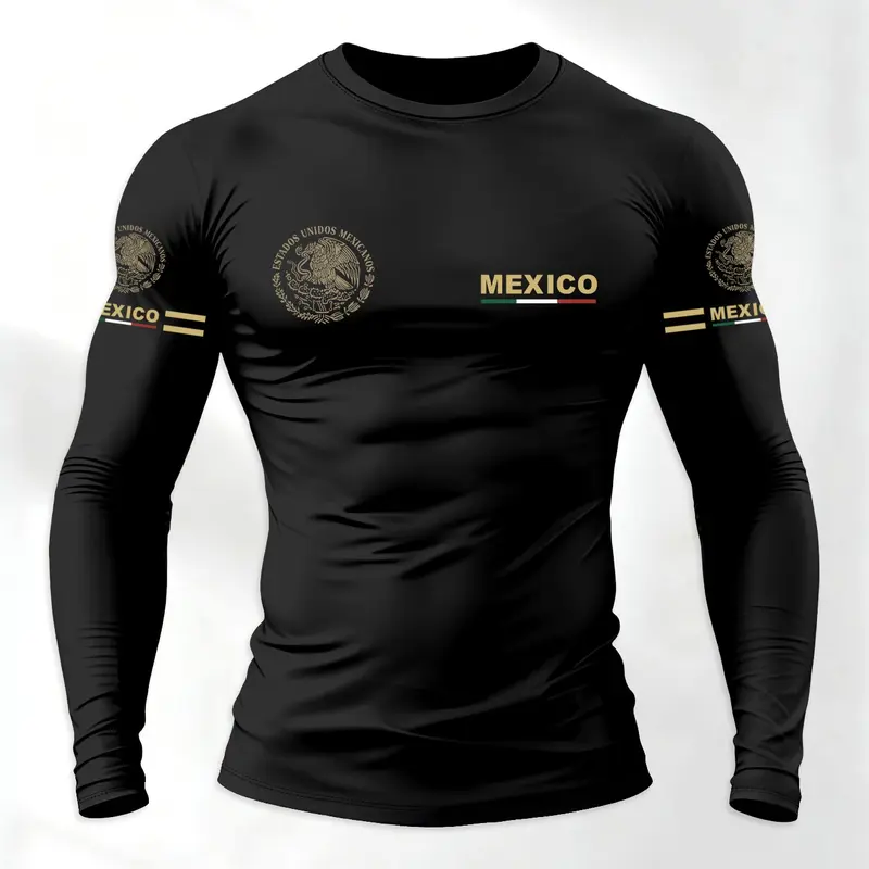 Men's Sporty Long Sleeve T-Shirt with Mexican Theme Letter Design, Casual Street Style Top for Spring & Fall, Casual Sport Tee, Fitted Regular Fit Fashion