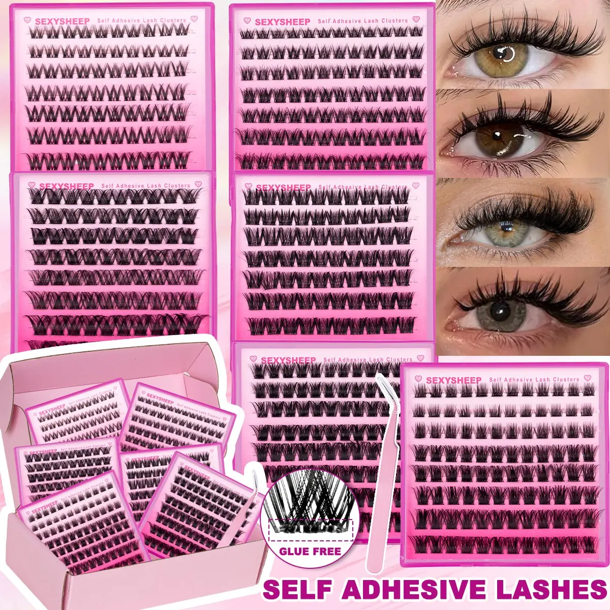 One Step Self-Adhesive Eyelashes, Wispy & Dense Lash Clusters 8-16mm, No Glue Press On Lashes for Beginners, Soft Wispy Lashes, Volume Cluster Lashes