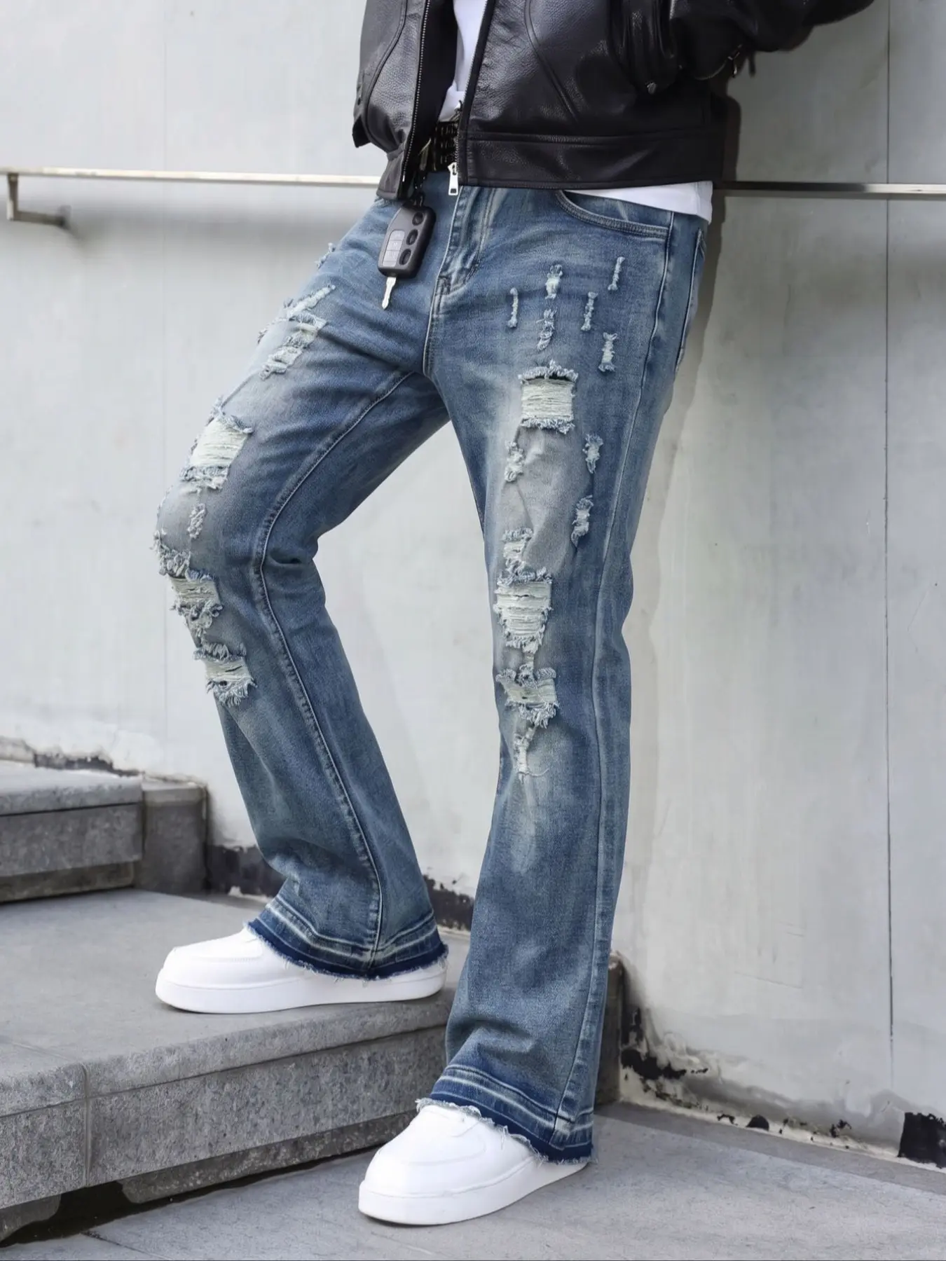 Men's Vintage Light Wash Multi-Hole Ripped Bell Bottom Jeans, Original Color Layered Cuff Elastic Stacked Denim Jeans, Y2K Hip Hop Streetwear