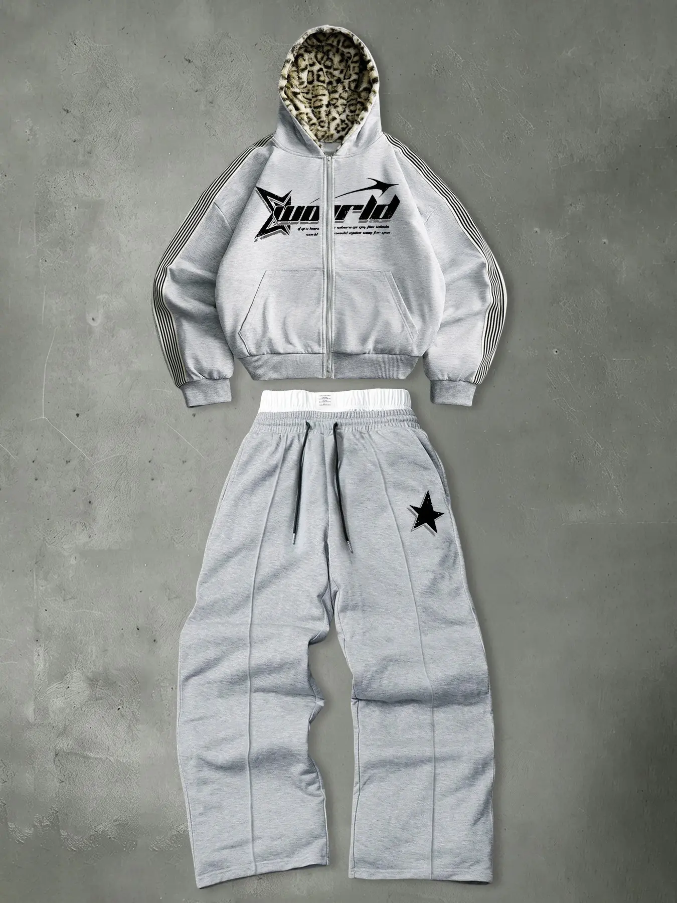 Men's two-piece suit: Y2K leopard print hooded zip-up casual suit, men's star striped sweatshirt and wide-leg pants two-piece streetwear set.