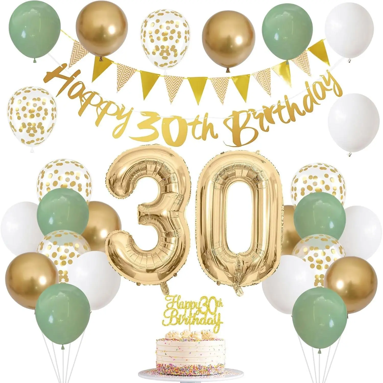 30th Birthday Party Decorations for Women and Men, Sage Green Gold Number 30 Balloons, Happy 30th Birthday Banner, Retro Green White Gold Cake Topper, 30 Foil Balloon, 30 Year Old Party SuppliesGift