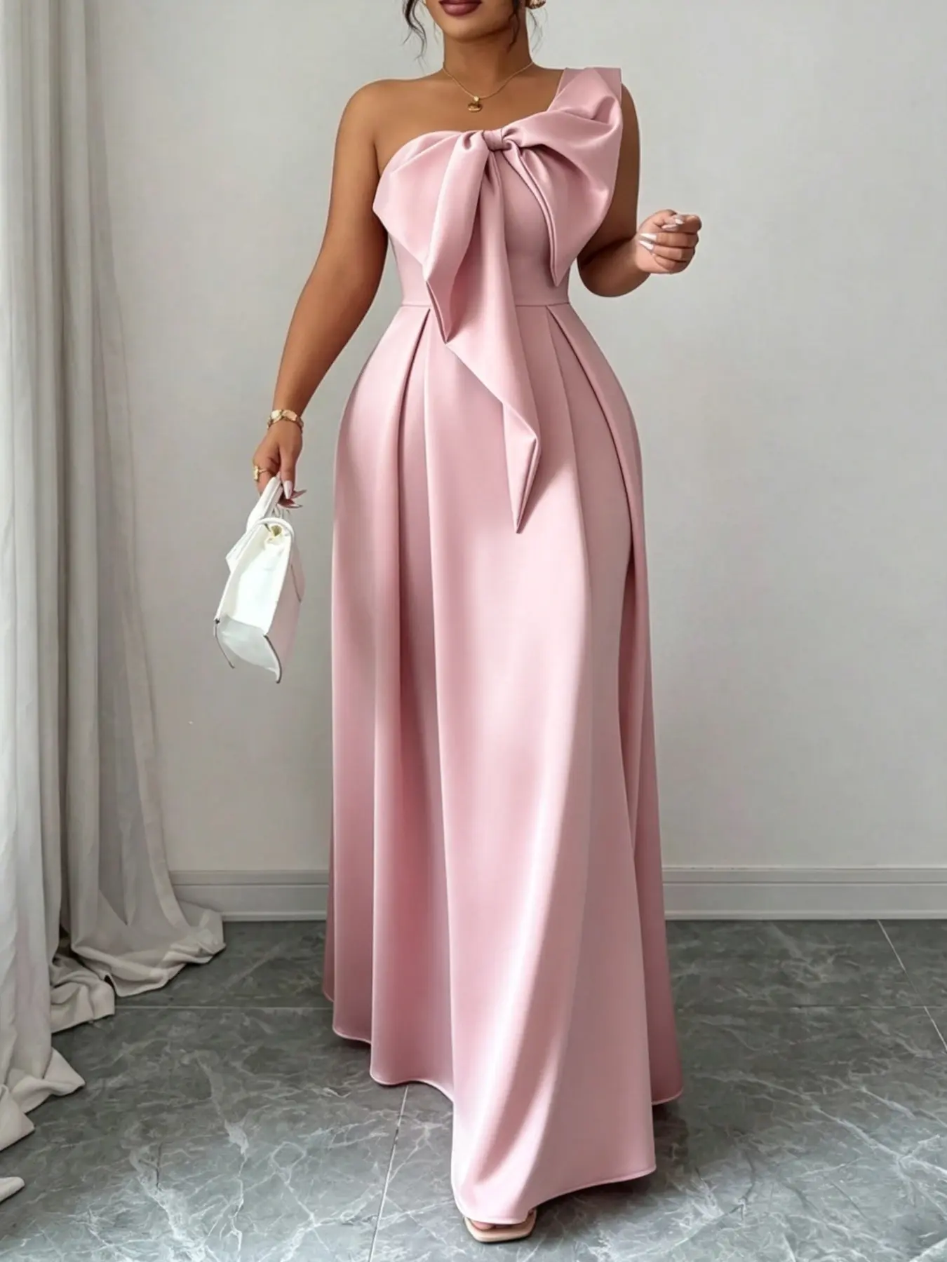 Elegant One-Shoulder Dress with Large Bow, Slimming Long Dress for Weddings, Evening Events, Annual Meetings, Sweet and Gentle Design