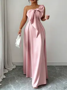 Elegant Asymmetrical Shoulder Dress with Large Bow, Formal Slimming Long Dress for Weddings, Evening Events, Annual Meetings, Sweet and Gentle Design