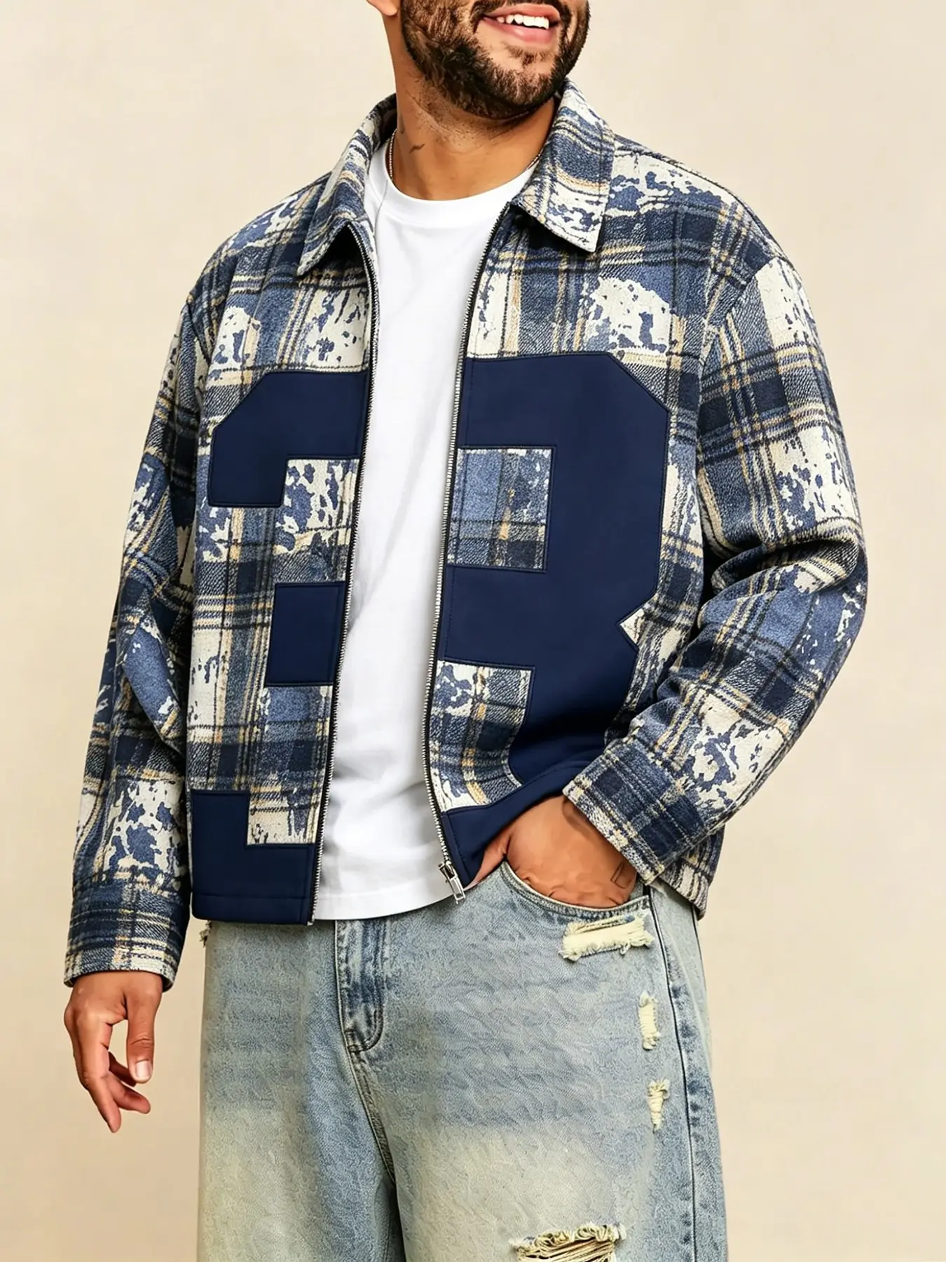 Men's Long Sleeve Classic Casual Jacket, Blue Plaid Print Zipper Lapel Loose Fit, Large Size Number 3 Color Block Patchwork, Vintage Flannel Street Style Outerwear