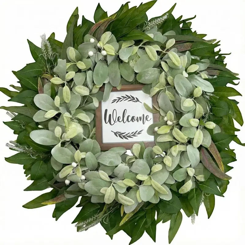 26 Inch Eucalyptus Wreaths, Artificial Green Summer Spring Wreaths for Front Door, Large Wreaths for Front Door & Porch Decor (Lamb's Ear with White Berries, Lemon Leaves, Willow, Fern)