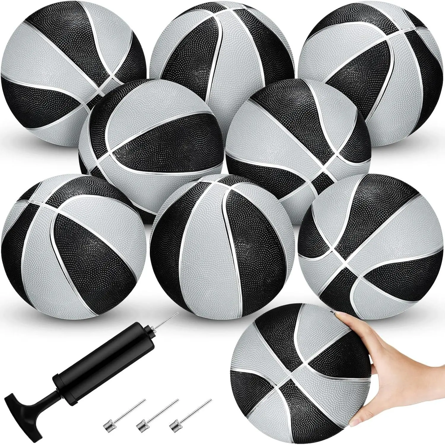 8 Pack 7 Inch Mini Rubber Basketballs Set - Small Basketballs with Air Pump, Mini Hoop, Junior Size 3, for Beginner Arcade Games, Indoor Outdoor Pool Party Favors (Black and Silver)