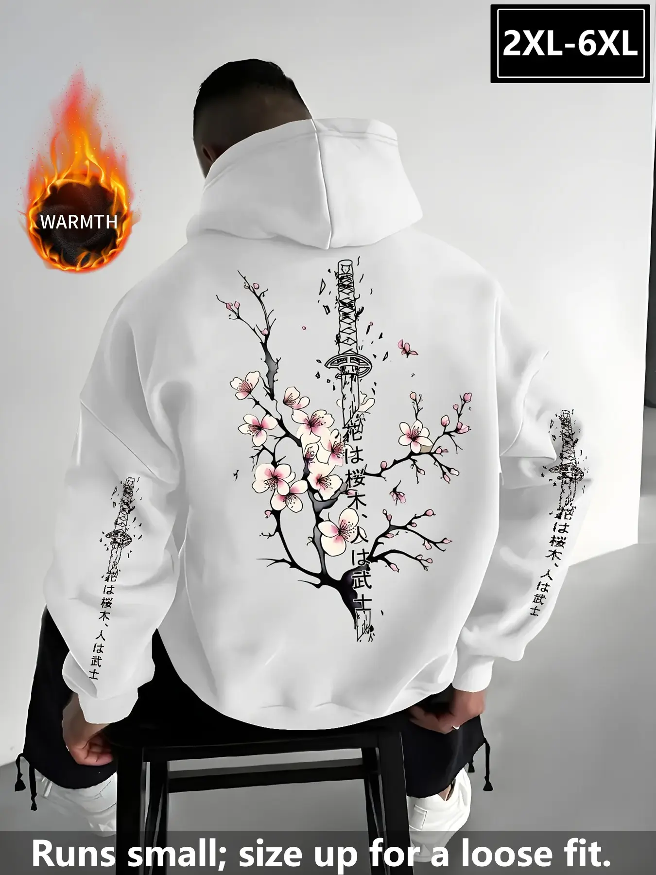 Plus Size Men's Japanese Cherry Blossom Samurai Knife Full Sleeve Print Fleece Hoodie, Loose Fit, Warm, Street Style, 2xl-6xl