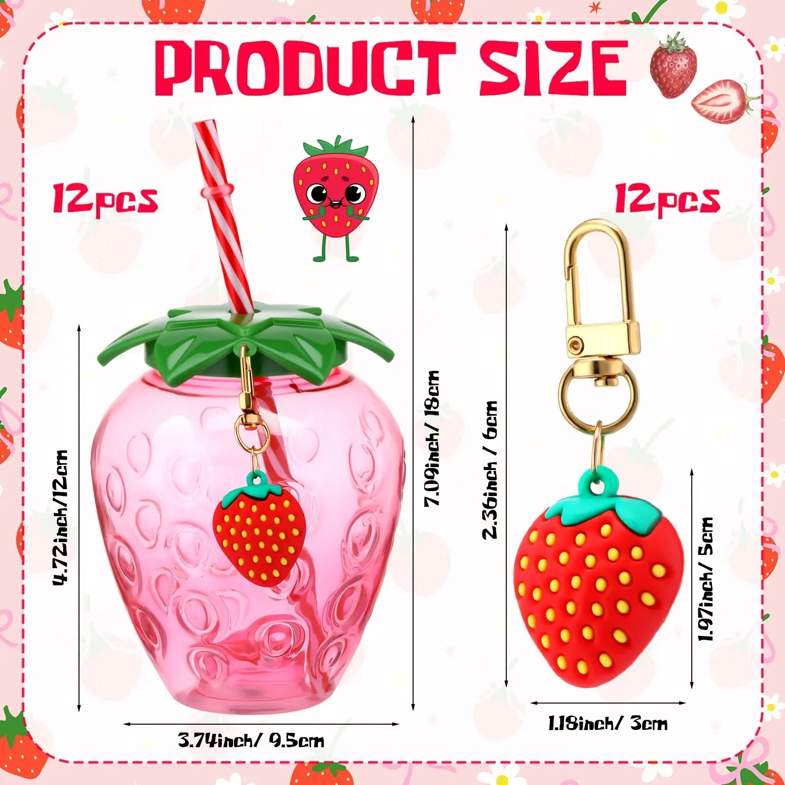 Set of 12 Reusable 17 Oz Cups Shaped Like Strawberries, Complete with Lids And Straws, Perfect for Summer Hawaiian Parties