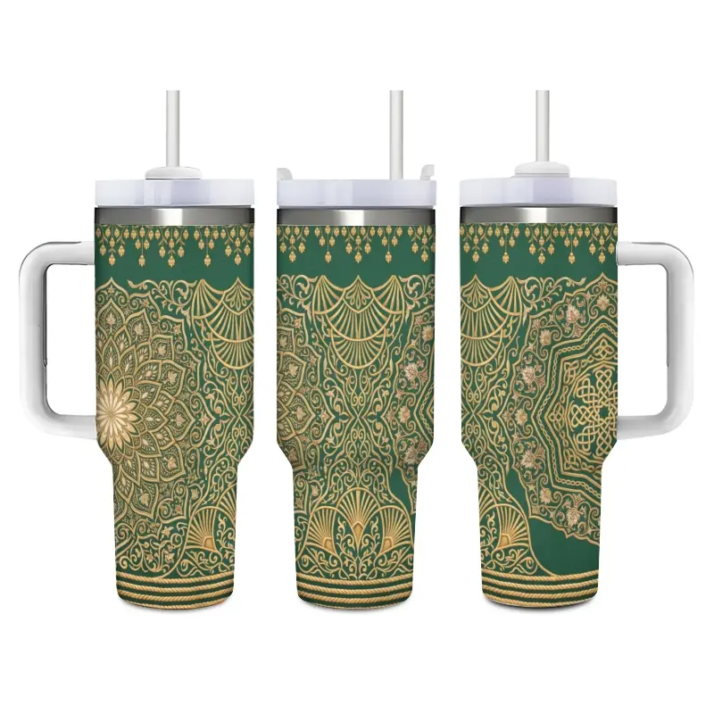 Sturdy Lightweight Classic Emerald Green Gold Mandala Stainless Steel Insulated Cup Flask with Straw, Bohemian Lace Geometric Travel Tumbler, Ideal for Yoga Sessions, Office Meetings, Luxury Gift for Her