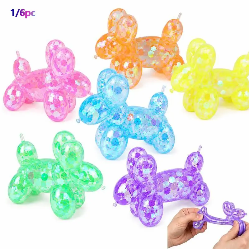 1/6 Counts Soft Squishy Sequin Little Dog Stress Balls, Sensory Stress Reliever for Girls and Boys, Cute Animal Squeeze Sensory Toys, Stretch and Squeeze Sequin Balloon Dog Squishy Toys for Kids, Party Favors, Easter Basket Stuffers