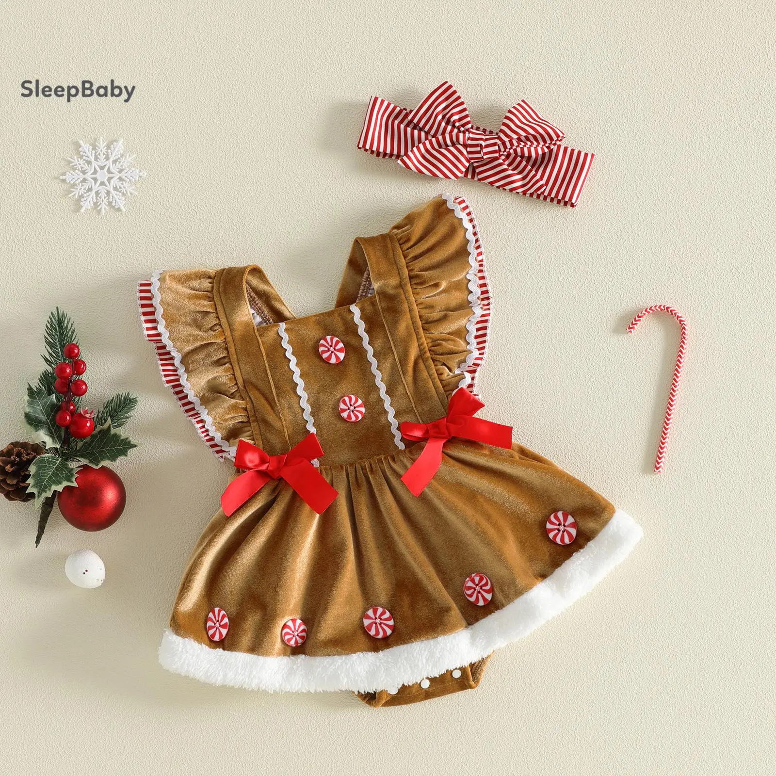 Baby Girls' Christmas Velvet Romper Set - Gingerbread Outfit with Ruffled Sleeves, Big Bow, Fuzzy Hem & Headband for Casual Daily Use