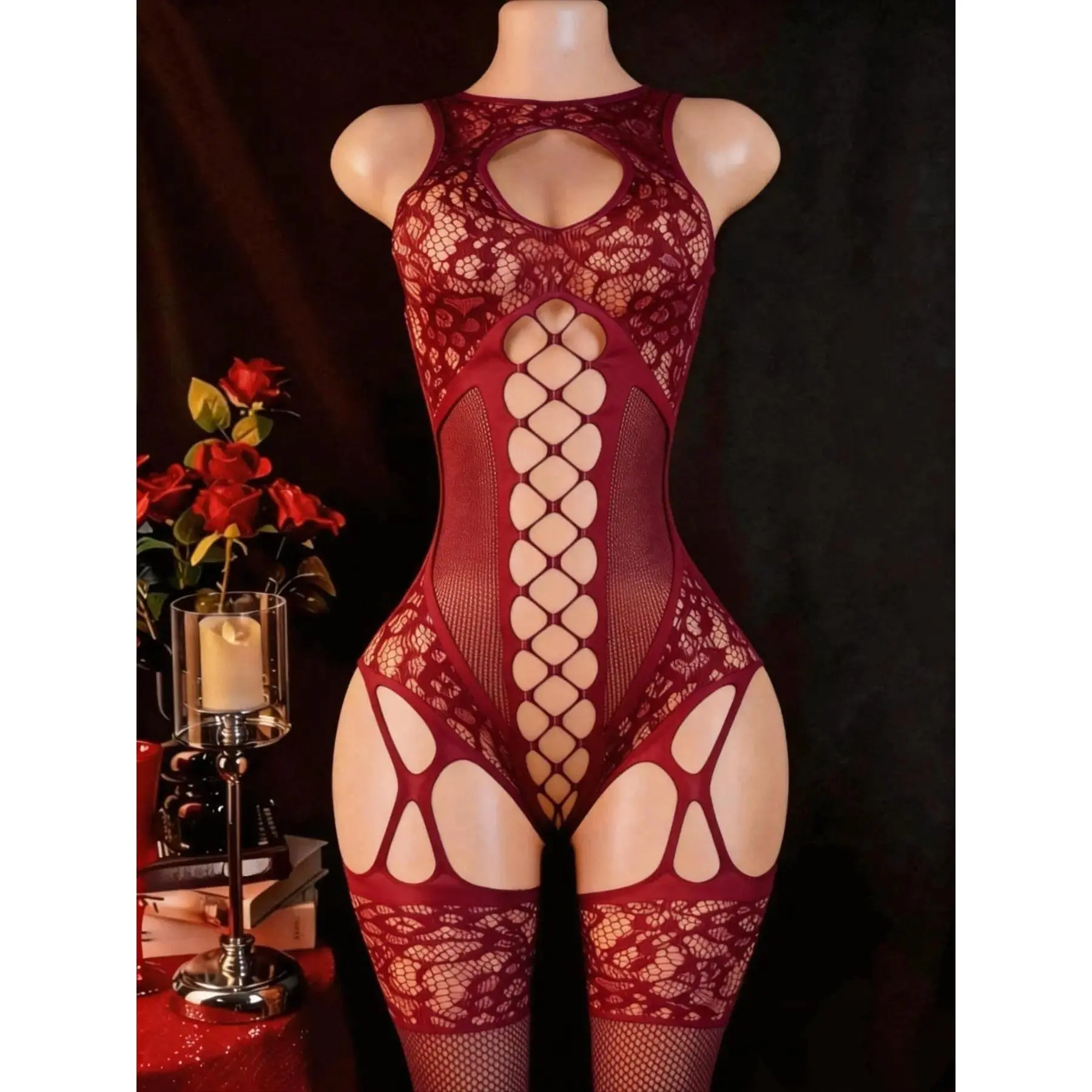 Plus Size Sexy Lace Fishnet Bodysuit, Backless Open Crotch Babydoll Style, Sheer Bra Design, Romantic Nightwear, Women's Lingerie, All Seasons