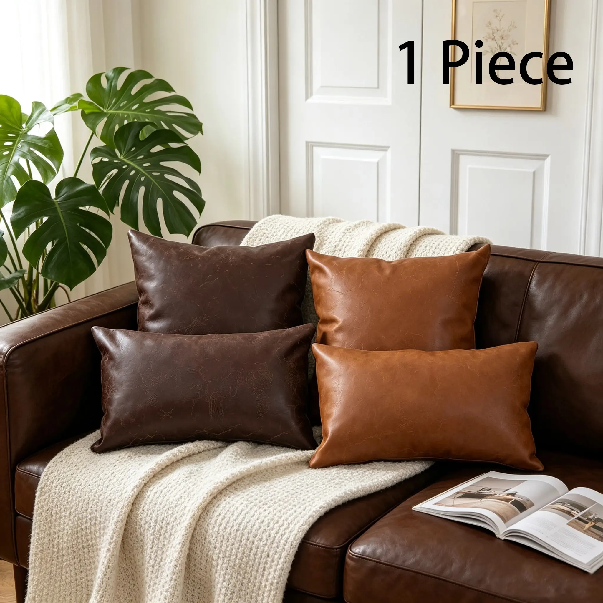 Vintage Cracked Leather Pillow Case, Waterproof Square Lumbar Cushion Cover, Mid-Century American Farmhouse Sofa Home Decor, Couch Cushion Covers For Sofa