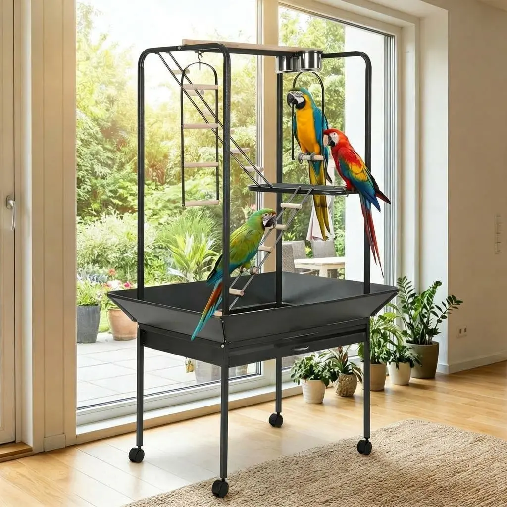 Large Bird Play Stand with Perches & Ladders, Indoor Outdoor Bird Playground with Rotating Ring, Removable Tray & Lockable Casters for Macaw, Parakeet, Cockatoo