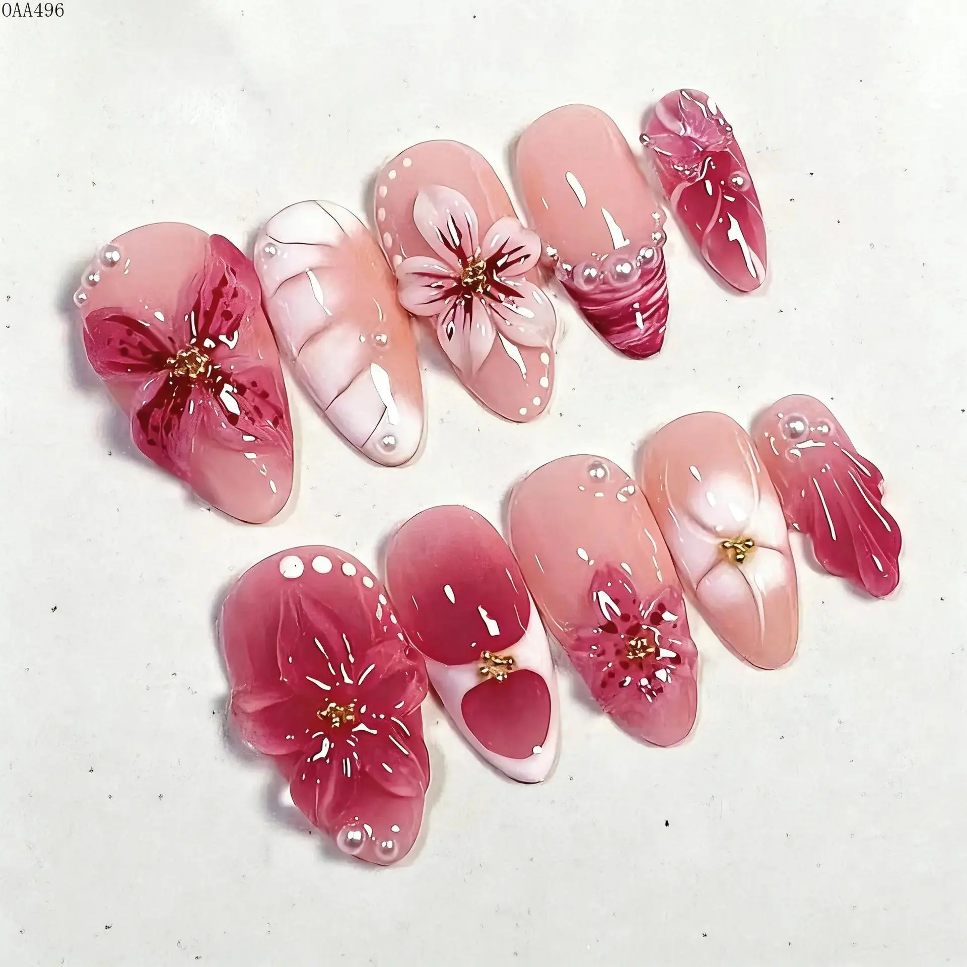 DIY Bag Accessory Press On Nails, 24-Piece Almond-Shape, 3D Rhinestone Flowers Design, Reusable Glossy Full Cover for Daily Wear, Parties