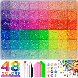 1Box 48 Rainbow Colors Shining Semi-circular Nail Rhinestones Bedazzling Kit AB Gitter Resin Crystal Gems Flatback Nail Art Decoration DIY Jewelry Clothing Nail Supplies Storage Box