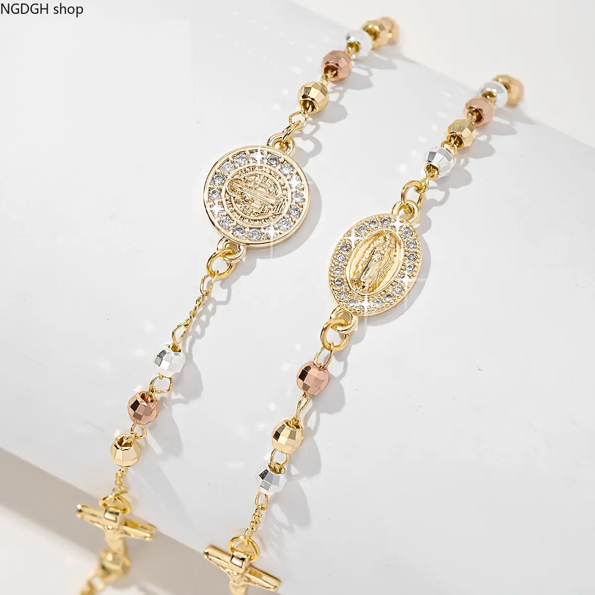 Gold-Tone Miraculous Medal Bracelet for Women, Sparkling CZ Crystal Beaded Religious Faith Bracelet with Virgin Mary & Crucifix, Adjustable Catholic Jewelry for Daily Prayer & Confirmation, Religious Faith Bracelets,travel essentials,camping essentials