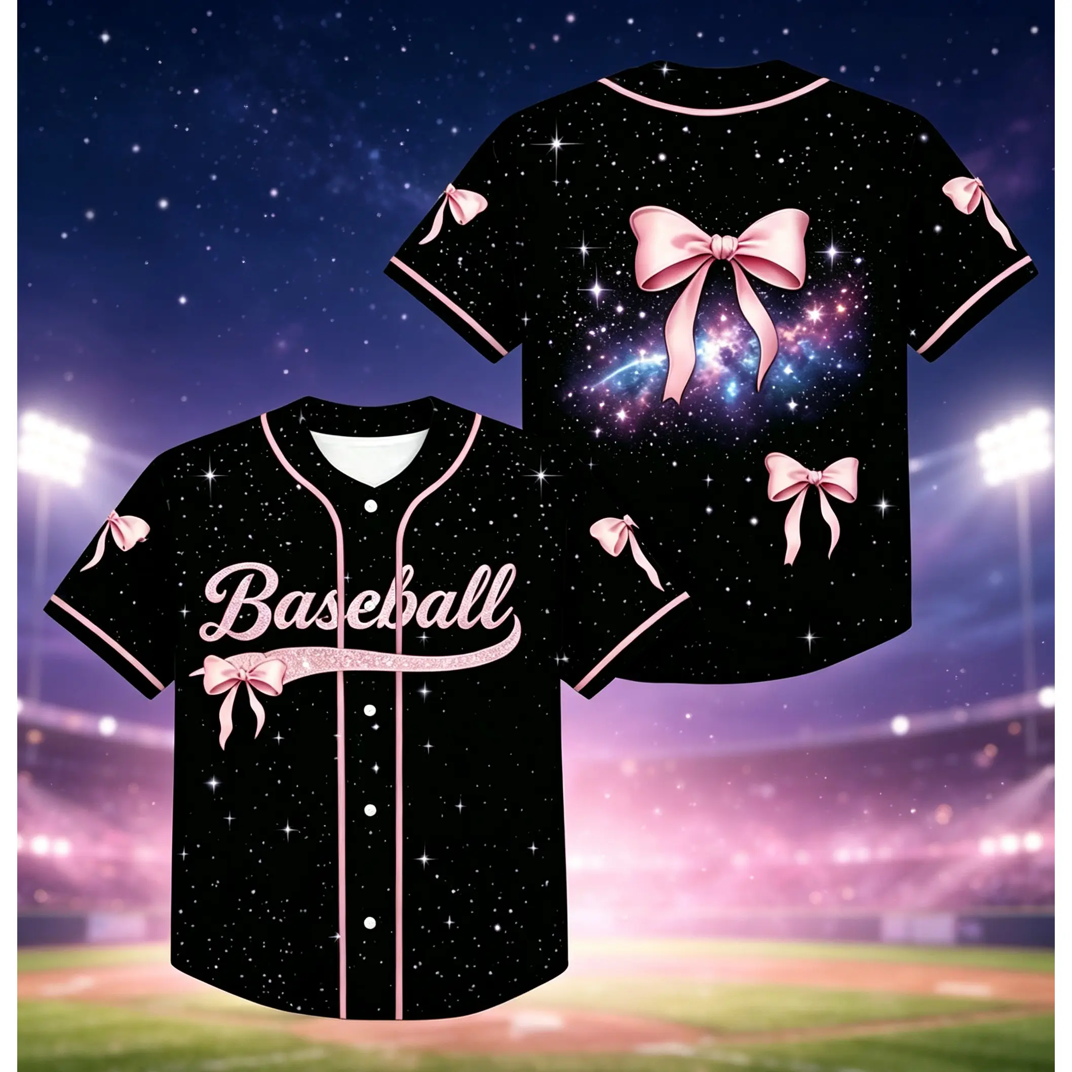 Pink Bow Glitter Jersey,Black Starry Galaxy Baseball Jersey, Pink Bow Glitter Baseball Letter Full All Over Print Short Sleeve Button Up Uniform, Casual Sports Stadium Apparel For Adult Women #   TikTokMadeMeBuyIt #   TikTokShop # Baseball Jersey # GameDa