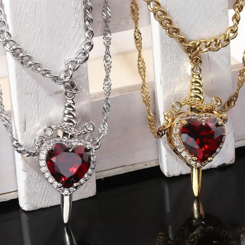 Dark Romantic Sword & Heart Couple Necklace Set, 2Pcs Cupid Arrow Through Heart Copper Zircon Pendant, Vacuum Gold Plated Stainless Steel Matching Jewelry For Him Her Daily Date Casual Outfits,vintage,cross,pendant necklace