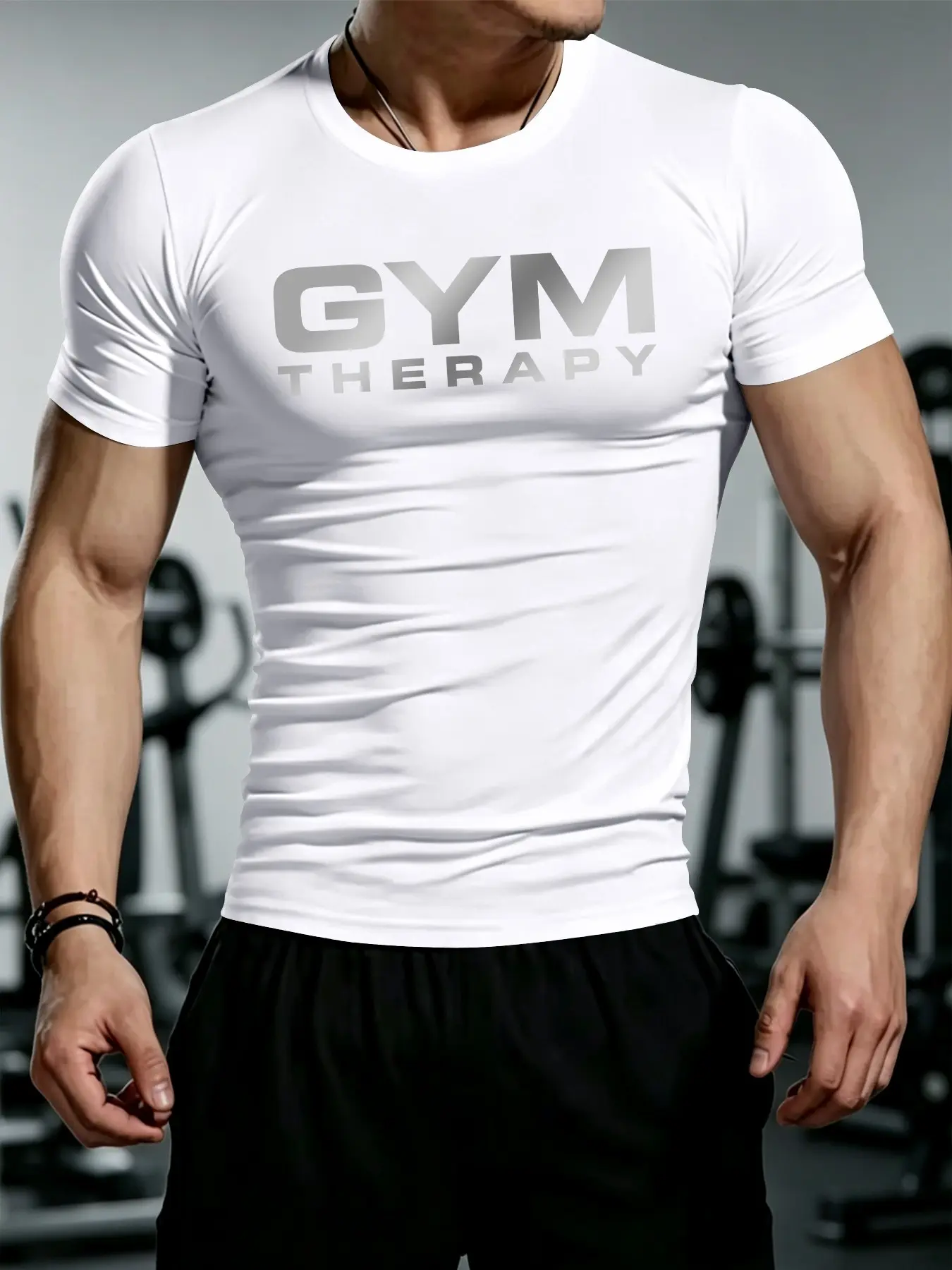 Gym Therapy Gradient Print Fitted Short Sleeve Men's Top, Elastic Muscle-Enhancing Training Tee, Summer Round Neck T-Shirt, Fitness Workout Shirt