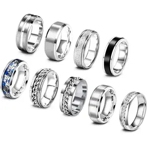 9Pcs Stainless Steel Band Rings for Men Women Cool Fidget Spinning Chain Ring Anxiety Relief Fashion Simple Wedding Engagement Black Ring Setfidget toys