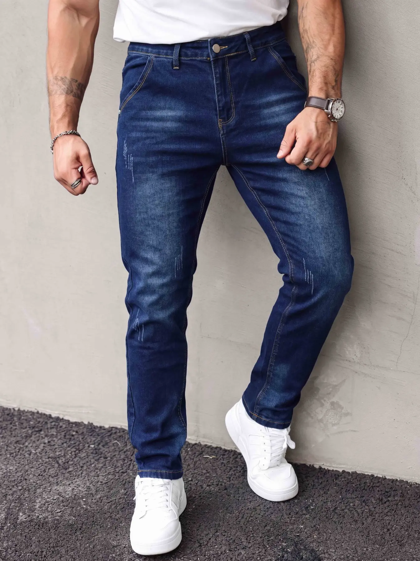 Men's Elastic Denim Jeans, Slim-Fitting, Plain Design, Durable and Comfortable, Casual Style, Suitable for All Seasons, Fashionable and Versatile, Casual Streetwear Jeans, Pants