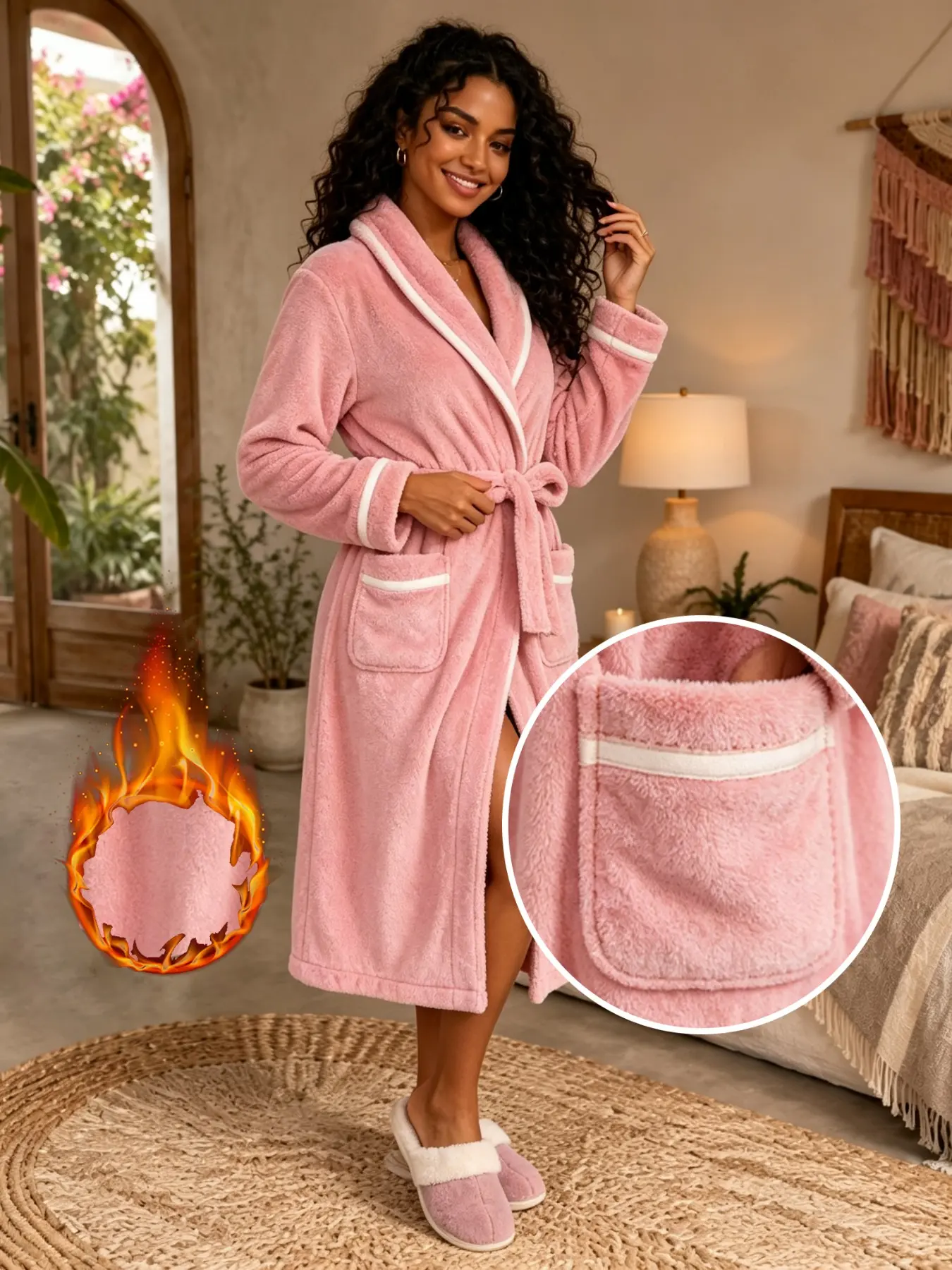 Women's Fall Winter Long Sleep Robe, Options, Soft Fuzzy Warm, Tie Waist, Practical Pockets, Home Wear, 1 Piece