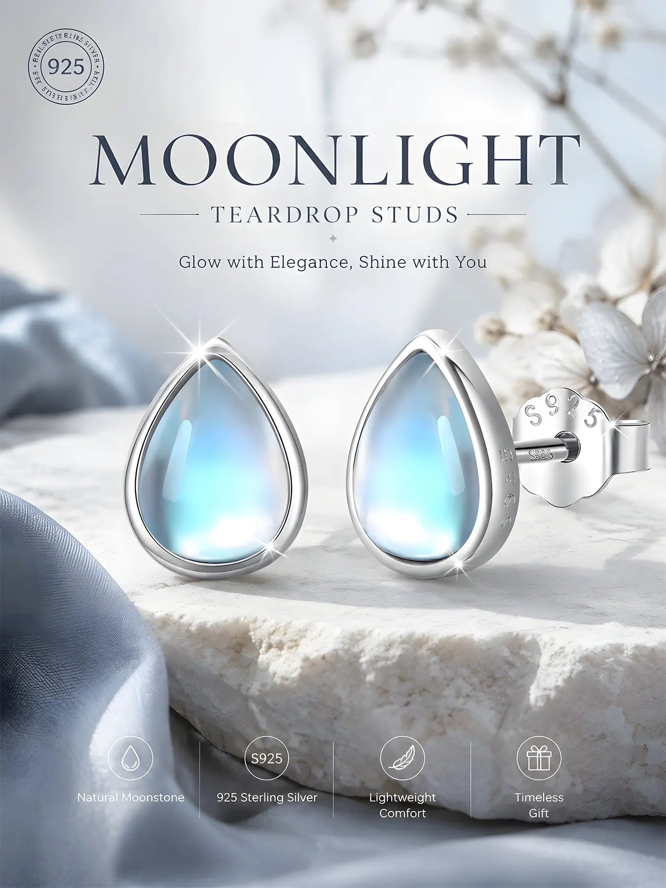 Elegant S925 Silver Waterdrop Moonstone Earrings, Fashion Simple Style Casual Ear Studs, Daily Wear Gift for Valentine's Day, Teardrop Earrings, Fashionable Earrings, Elegant Minimalist Earrings, Earrings Jewelry