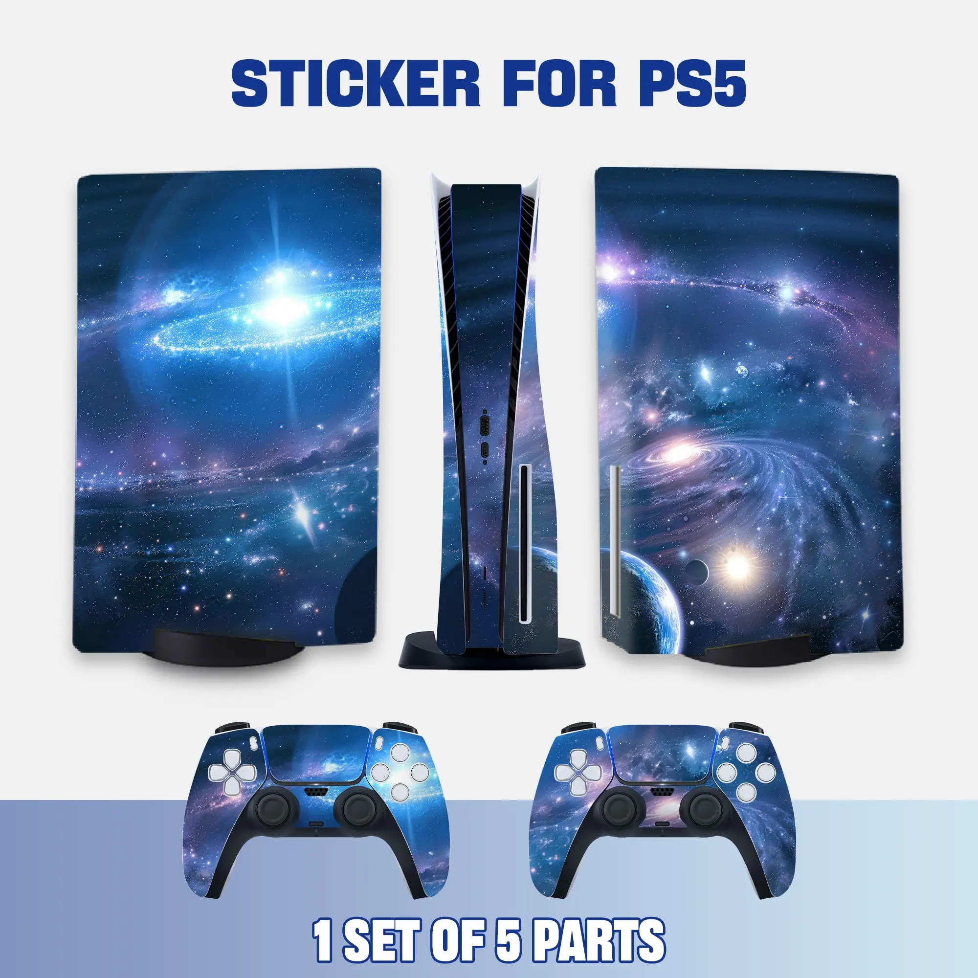 Blue Galaxy Nebula Space Style PS5 Disc Edition Vinyl Skin Sticker for Console & Controllers, Waterproof, Scratch-Resistant, Dustproof, Removable & No Residue