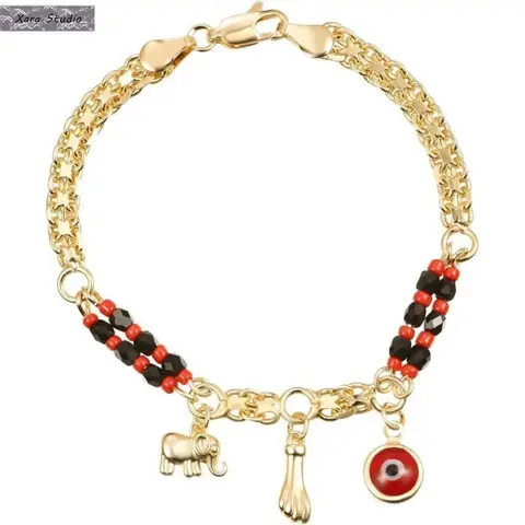 Handmade Evil Eye Ethnic Elephant Design Bracelet - 7.5in Stainless Steel Gold-Plated Beaded Unisex Protection Jewelry, Bracelets for Women, Unique Jewelry, Gold Fashion Accessory Sets for Holiday Daily Wear & Gifting